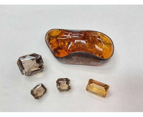 Three unmounted smokey quartz, ditto citrine, amber brooch and loose cultured pearls