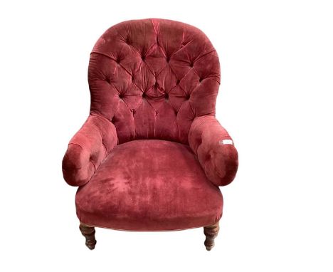 Victorian spoon back chair with buttoned puce upholstery on turned front legs