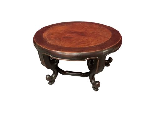 Large Chinese carved hardwood stand, circular form on cabriole supports, 35cm diameterGood original solid order with old crac
