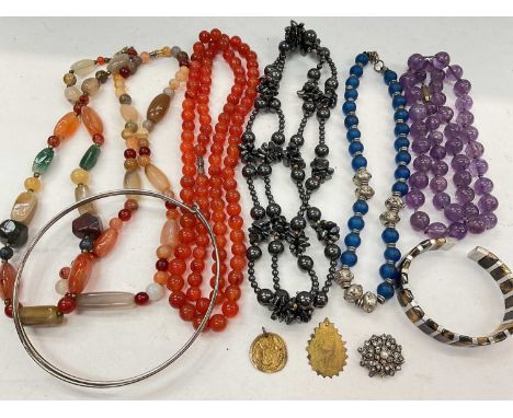 Group of various bead necklaces, silver paste set pearl clasp and other jewellery