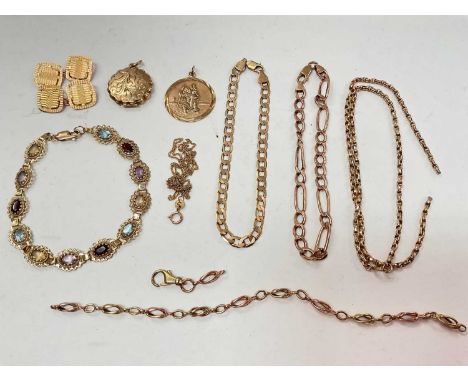 Group of 9ct gold and yellow metal chains, 9ct gold St. Christopher pendant, pair 9ct gold cufflinks, 9ct gold cased locket a