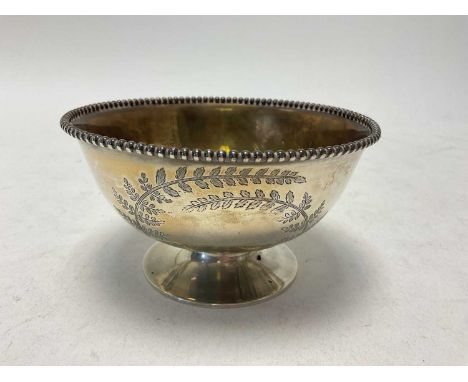 Victorian silver rose bowl with beaded border and engraved leaf decoration (London 1868), 13.5cm diameterWeight 204.9 grams.