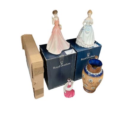 Group of ceramics, including two Royal Doulton ladies in boxes, a Coalport figure, a Doulton jug and a collector's plate
