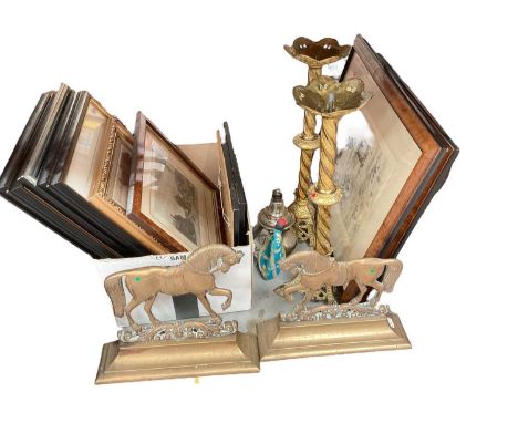 Pair of antique brass horse door stops, gilt metal candlesticks, Turkish teapot and decorative prints