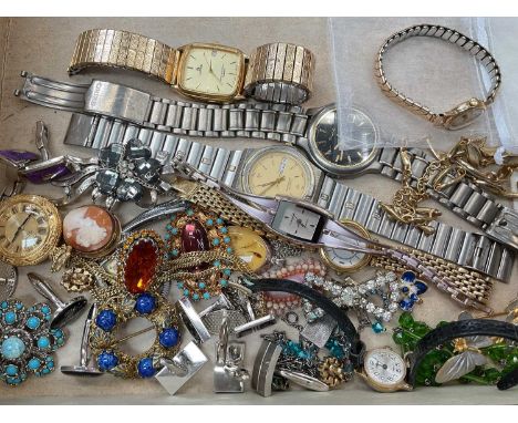 Small group of costume jewellery and wristwatches including Accurist 9ct gold cased ladies wristwatch on plated expandable br