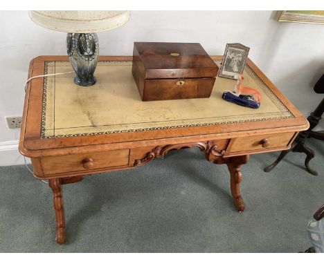 Satin walnut writing desk, with inset leather and two frieze drawer on shaped supports, 111cm wide x 58cm deep x 76cm high