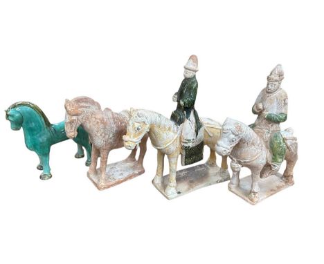 Three Chinese tang style terracotta figures of horses/horseman one other similar 