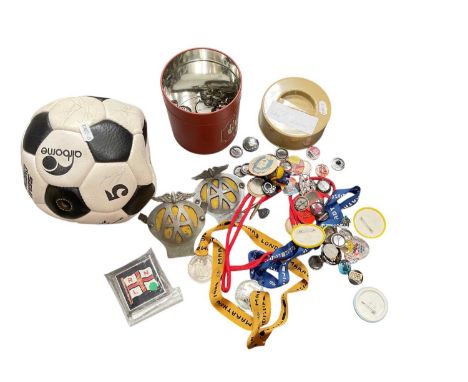 Group of assorted pin badges, Ipswich Town signed football, London Marathon medals and sundries