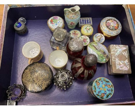 Vertu items including scent bottles, enamel boxes etc