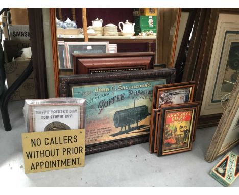 Collection of framed decorative prints and greeting cards, a door sign and two mirrors ( total approx 17)