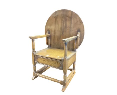Seventeenth century style oak monks seat, 80cm wide. 58cm deep, 116cm high