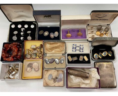 Group of silver and other cufflinks, studs etc including a pair of gold plated and enamel cufflinks, together with a silver c