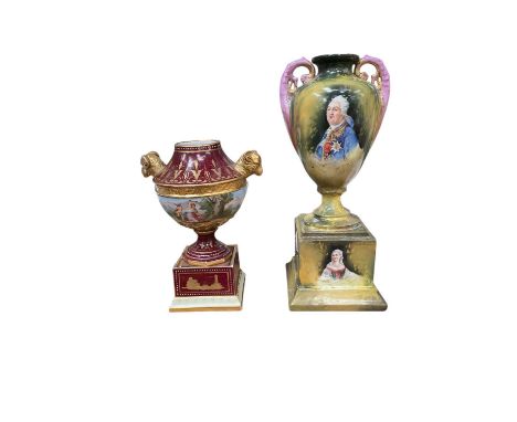 Two Vienna porcelain twin handled vases, including one with Royal portraits, the other painted with figures in a landscape, 1