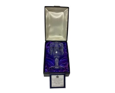 The Silver Jubilee 1977, Stuart Crystal commemorative goblet with cut and etched crowned ERII 1952-1977 decoration on air twi