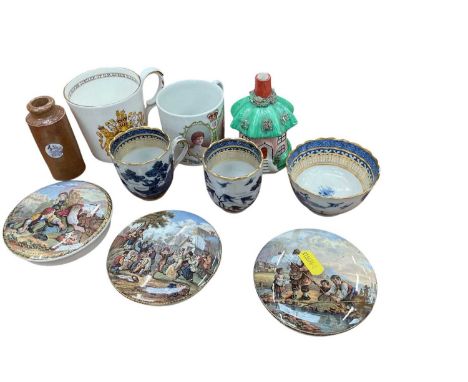 Two 18th century Chinese blue and white coffee cups and one tea bowl, together with three pot lids and other chinaOne cup chi