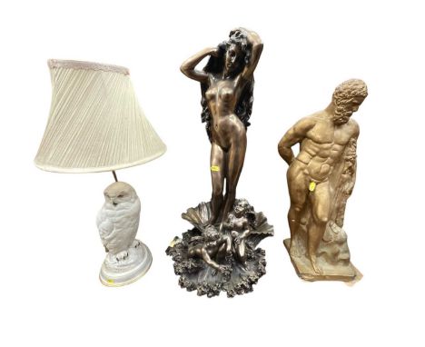 Bronzed figure of a female nude, one other and a Franklin Mint 'Owl' table lamp (3)   