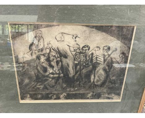 Claire Winsten (1894-1989) Etching, musical ensemble, 20 x 28cm, glazed frame