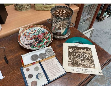 Sundry items, including a Victorian silver plated wine cooler, Worcester Flight Barr dish, John &amp; Yoko Happy Xmas single 