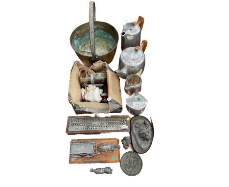 Mamod stationary engine, piquot ware tea set, brass preserve pan and sundries
