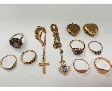 Two 18ct gold diamond set rings, four 9ct gold rings, 9ct gold and silver ring, two 9ct gold pendants on 9ct gold chains and 