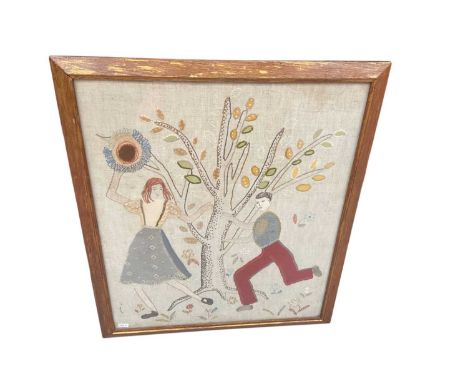 20th century English naïve embroidery of figures by a tree, in glazed frame.