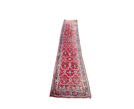 Eastern red, blue and cream runner, 423cm x 72cm