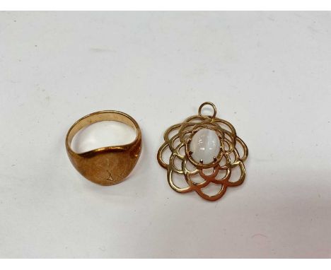 9ct gold signet ring, size N and a 9ct gold open work moonstone pendant (2)Total weight 9.9 grams