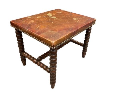 Victorian bobbin turned stool / occasional table with leather top.
