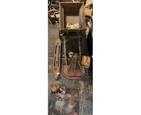 Works of art including model of a cart, wall bracket, loom shuttle, Black Forest bears and other carvings
