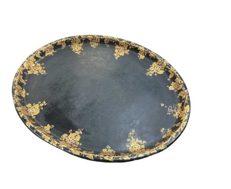 Oval Victorian papier mâché tray with gilt decoration, 76.5cm in length.