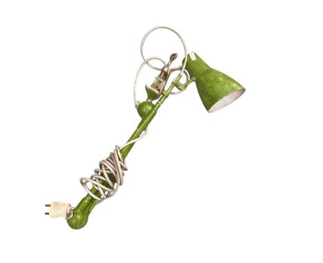 Green painted Anglepoise type engineers industrial clamp working light.