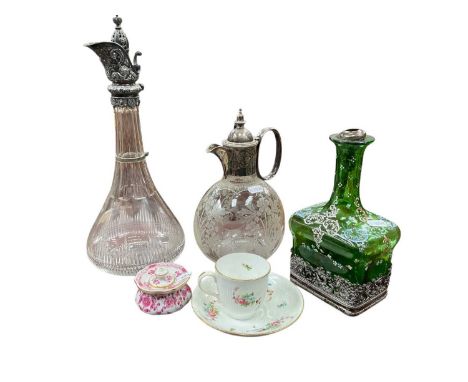 Silver plate mounted cut glass claret jug, two others, small Meissen pot and cover and tea cup and saucer .Chip to the green 