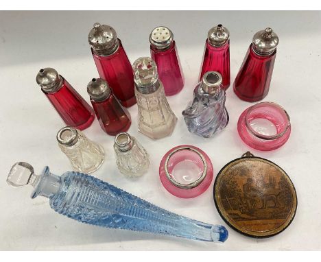 Group of silver mounted cranberry and other glass condiments/ perfume bottles etc and a French snuff box cover