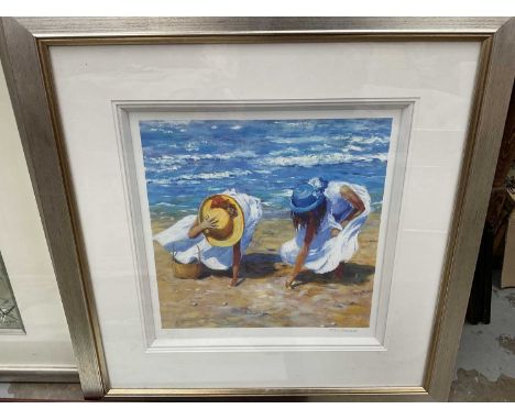 Alan Herriot print in silvered frame 'North Berwick Seafront', Liz Rogers still life of flowers in a bottle, and three other 