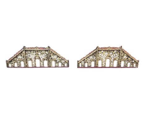 Pair of antique Chinese carved and gilt wood screen mounts, each pierced and carved with architectural and foliate lattice, i