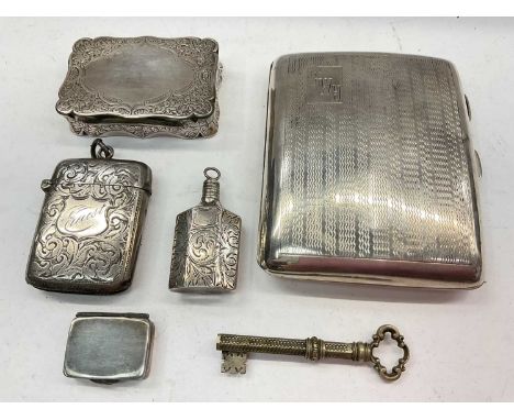 Victorian silver snuff box, one other minituare silver box, silver vesta case, silver cigarette case, white metal perfume bot