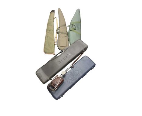 Three gun slip cases, two hard cases and a shooting stick.