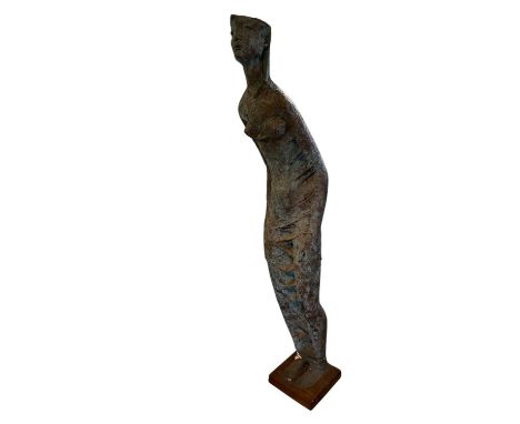 Manner of Henry Moore - Large modernist sculpture, the standing figure in plaster and composite, apparently unsigned, on wood