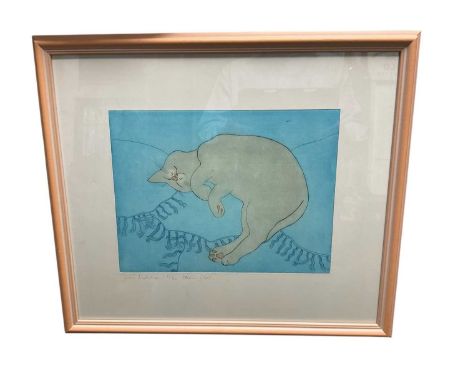 Julian Matcham etching, reclining cat
