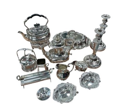 Contemporary silver armada dish and collection of silver plate including a spirit kettle and entree dish.