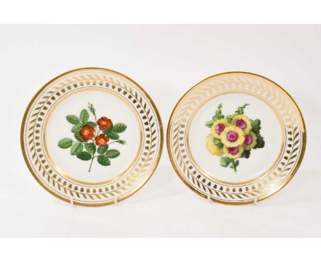 Pair of Paris porcelain (Nast) flower painted plates, circa 1820, with gilt foliate borders, stamped marks, 22.25cm diameter