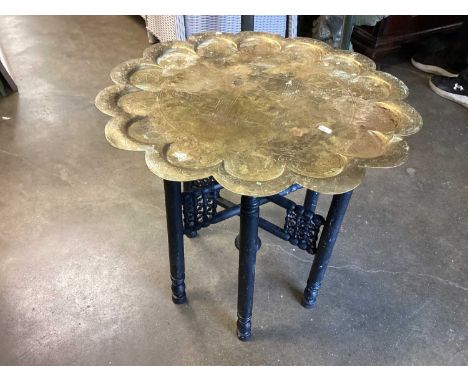Eastern brass topped occasional table on folding stand, together with a small mahogany table and a box with hinged lid (3)