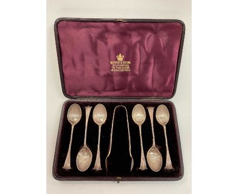 Set of six Victorian silver teaspoons (Sheffield 1886) and pair of matching sugar tongs (Sheffield 1885) in fitted case