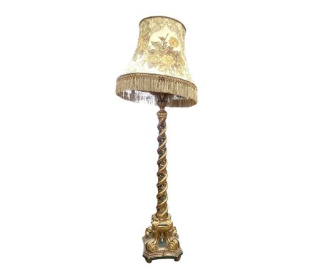 Good quality antique style gilt and green painted standard lamp with shade