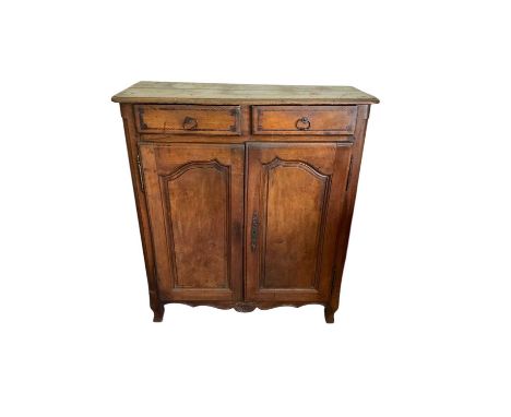 18th century French provincial fruitwood cupboard/bahet bourguignon with two drawers, herringbone inlay, and two fielded pane