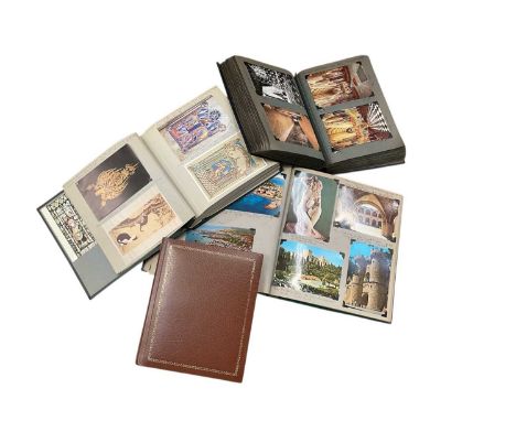 Box containing various postcard albums, and a group of assorted pictures to include Sir William Nicholson print of Lord Rober