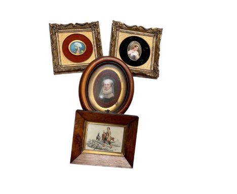Indian school portrait miniature on ivory, together with two painted porcelain plaques and a watercolour in rosewood frame. A