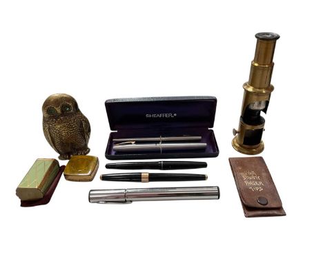 Brass portable microscope together with two Sheaffer pens and other sundry items.