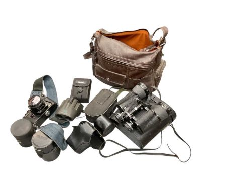 Group of assorted binoculars, camera and lenses (1 box).