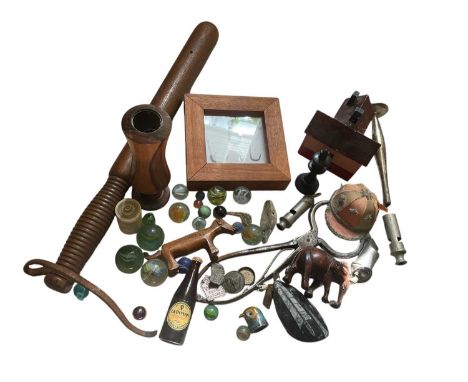 Various works of art and treen including Roman fish hooks, marbles, Georgian steel sugar nips, treen, sundries.